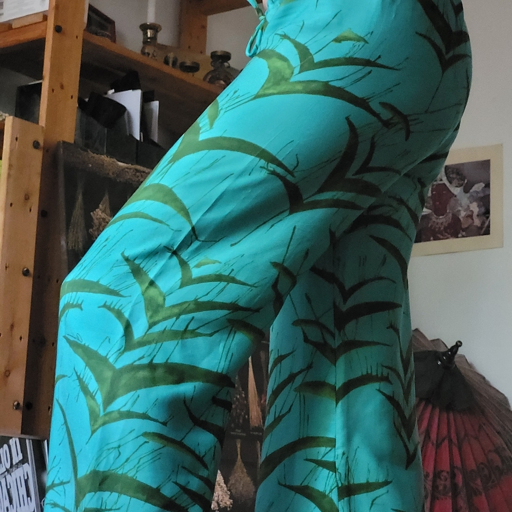 Ramona La Rue By Arianne 100% Crepe Teal Green Leaf Print Flowy Pants - S - Picture 8 of 8